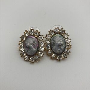 1970s Sarah Coventry Smoky Grey Glass Intagilo Cameo Earrings Clear Rhinestones